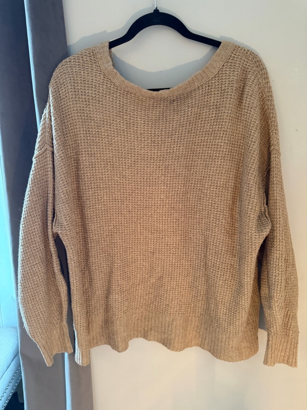American Eagle Waffle Knit Sweater Tan Oversized Small Cozy - Picture 3 of 6